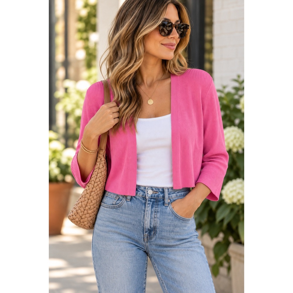 Lafayette 148 New York Pink Ribbed Open Front Cardigan Silk Blend Size M